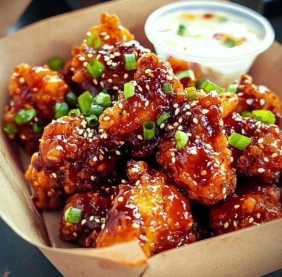 Plate of Sweet & Spicy Korean Fried Chicken garnished with sesame seeds.