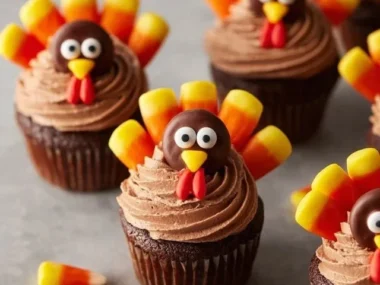 Delicious turkey-shaped cupcakes decorated for Thanksgiving