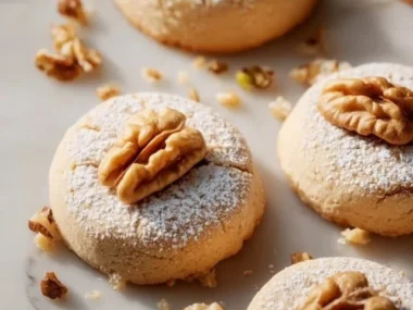 Freshly baked walnut cookies on a cooling rack