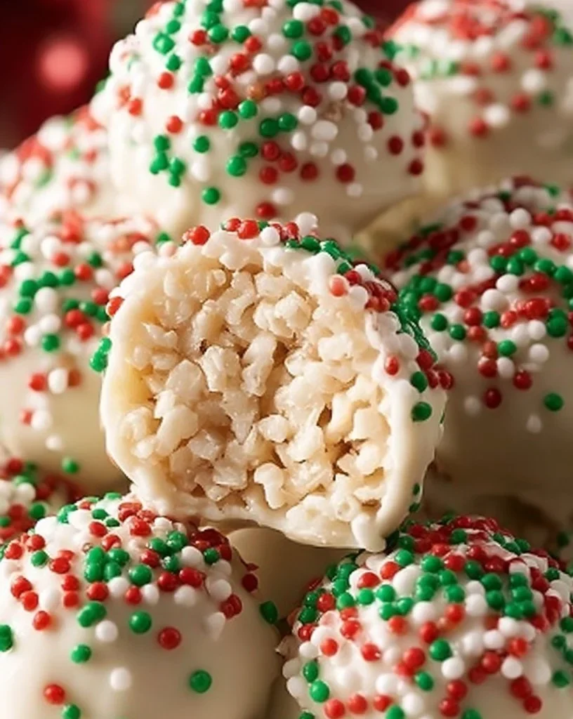 Delicious White Chocolate Rice Krispie Balls adorned with colorful holiday sprinkles