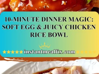 Juicy chicken rice bowl topped with a soft egg, perfect for a quick dinner.
