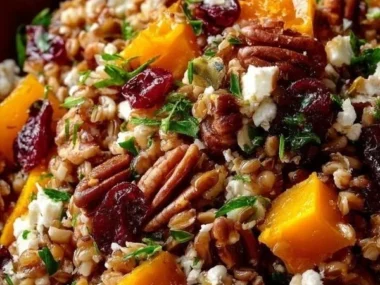 Autumn Harvest Grain Salad with Cranberries featuring colorful ingredients.