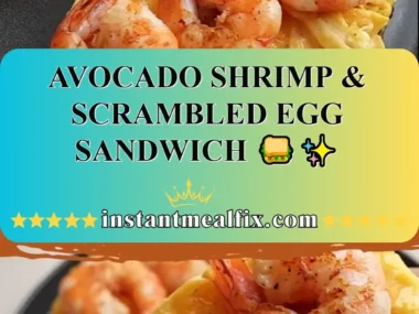 Avocado Shrimp Sandwich with scrambled eggs on a plate