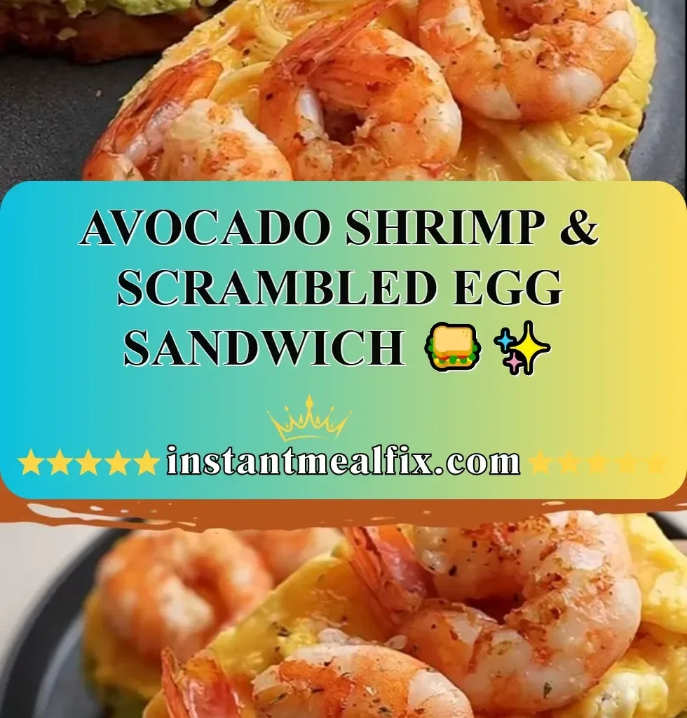 Avocado Shrimp Sandwich with scrambled eggs on a plate