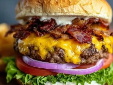 A mouthwatering Bacon Ranch Cheeseburger topped with crispy bacon and ranch dressing.