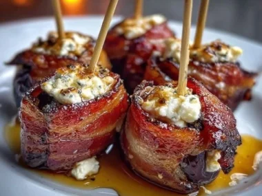 Bacon wrapped dates filled with goat cheese and drizzled with honey on a wooden platter