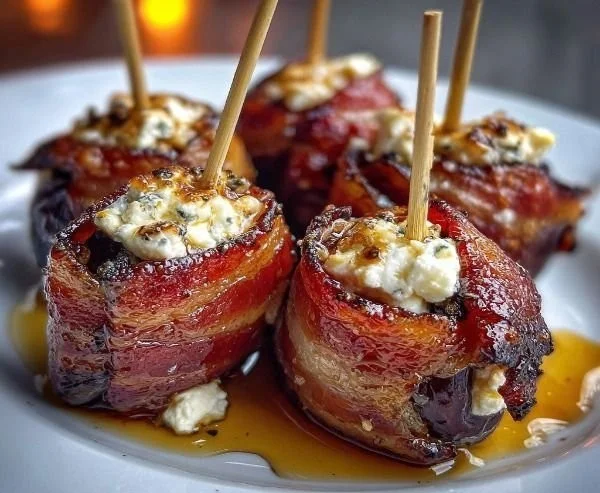 Bacon wrapped dates filled with goat cheese and drizzled with honey on a wooden platter