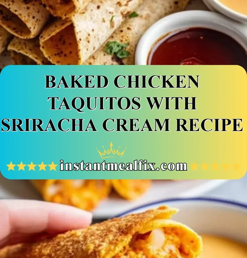 Baked chicken taquitos served with Sriracha cream sauce on a plate