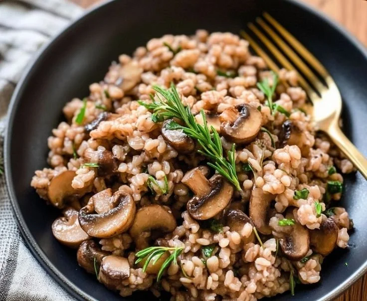 Baked Mushroom Farro with Thyme served in a rustic bowl