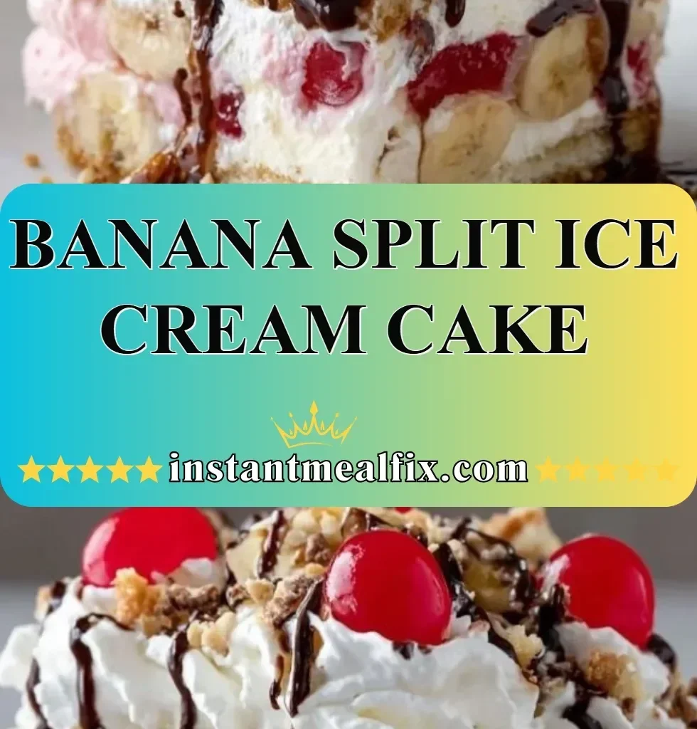 Delicious Banana Split Ice Cream Cake topped with whipped cream and fruits.