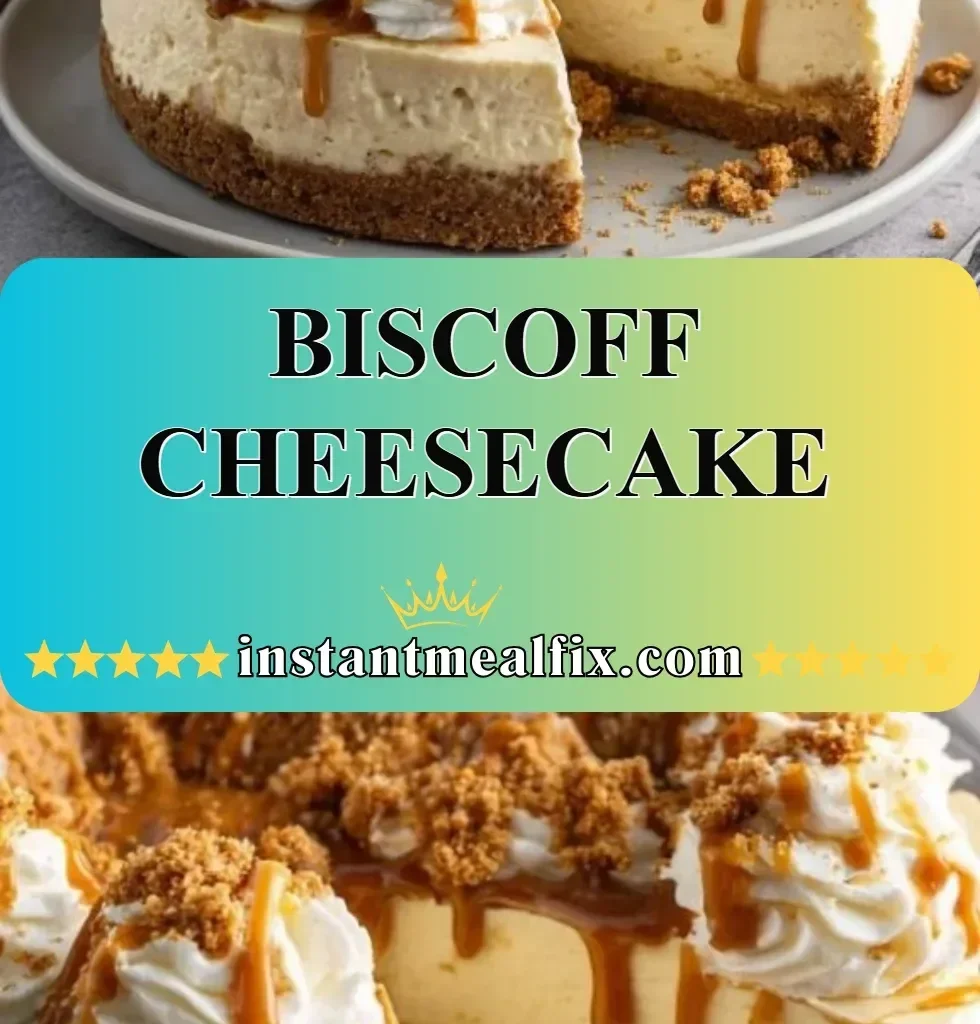 Delicious Biscoff Cheesecake topped with caramel drizzle and Biscoff cookie crumbs