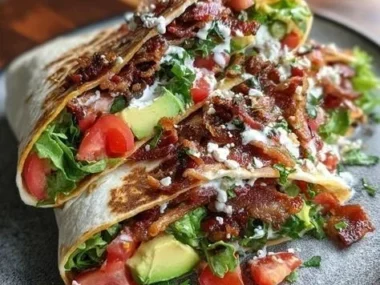 Delicious BLT wraps drizzled with secret sauce on a wooden table.