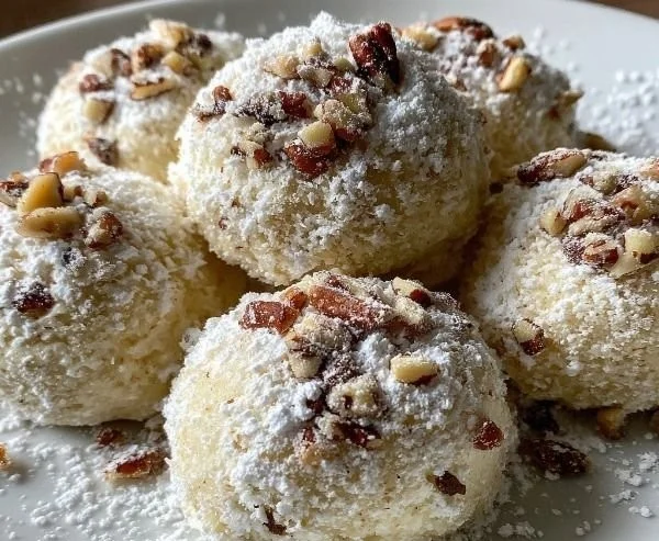 Buttery pecan snowball cookies dusted with powdered sugar