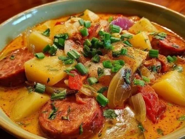 Bowl of spicy Cajun Potato Soup with Sausage garnished with green onions
