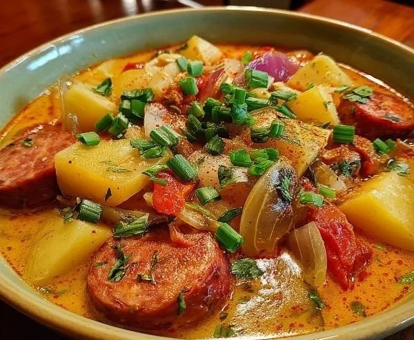 Bowl of spicy Cajun Potato Soup with Sausage garnished with green onions