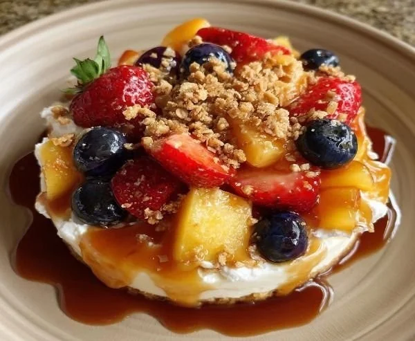 Caramel Crunch Cheesecake Fruit Salad with fruits and crunchy toppings
