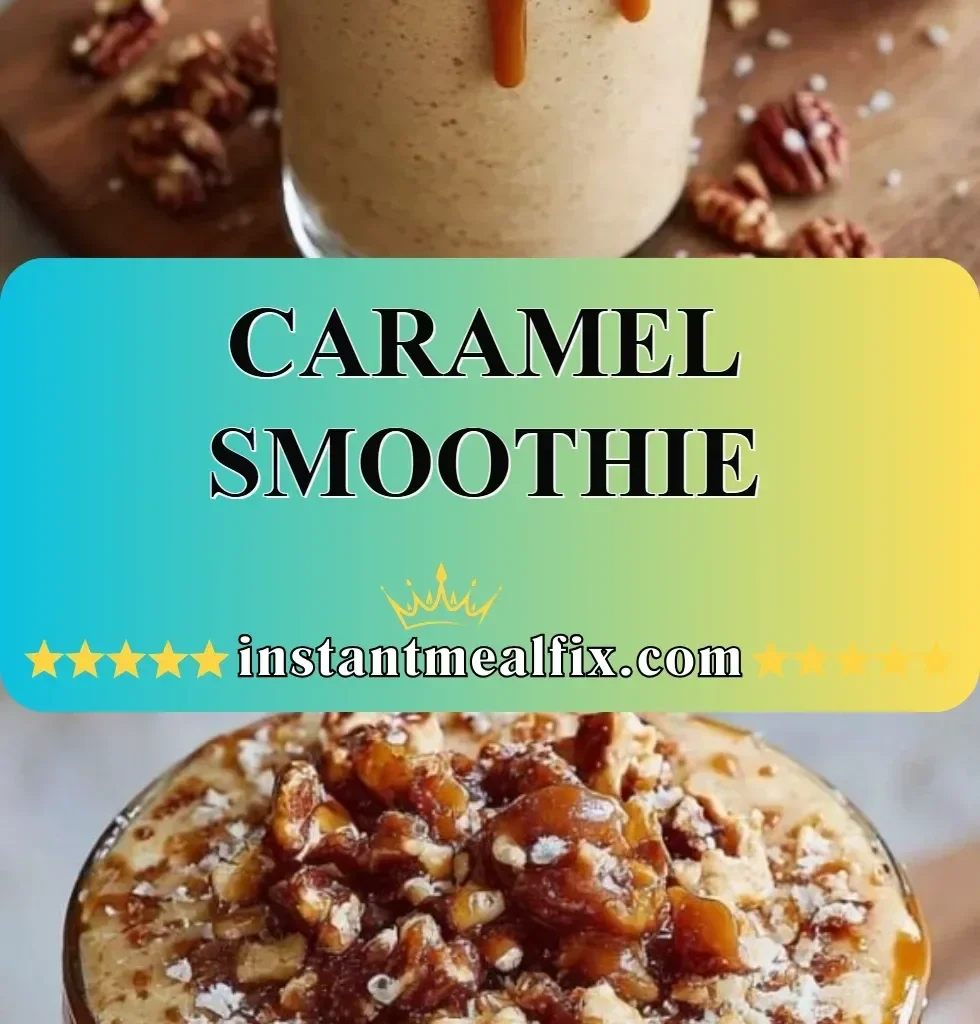 Delicious Caramel Smoothie in a glass, topped with whipped cream and caramel drizzle