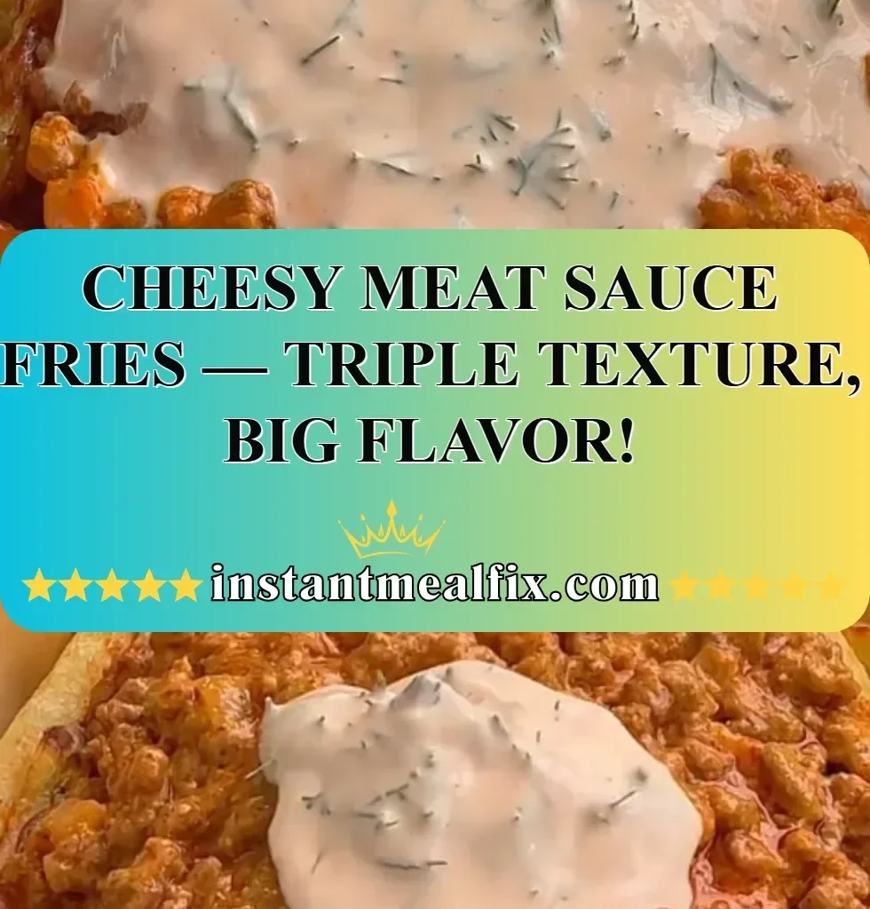 Cheesy meat sauce fries topped with melted cheese and savory sauce