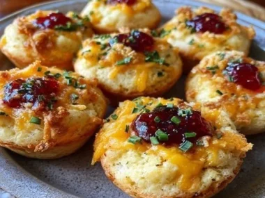 Cheesy thumbprint appetizers arranged on a platter for a party