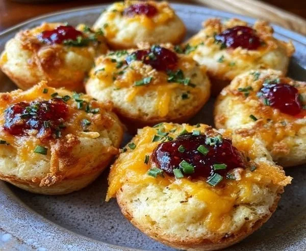 Cheesy thumbprint appetizers arranged on a platter for a party