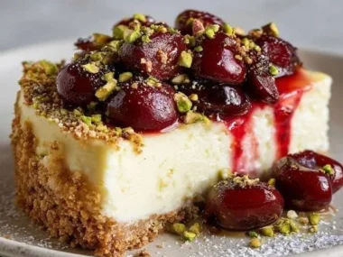 A delicious slice of Cherry Pistachio Cheesecake topped with cherry sauce and pistachios.