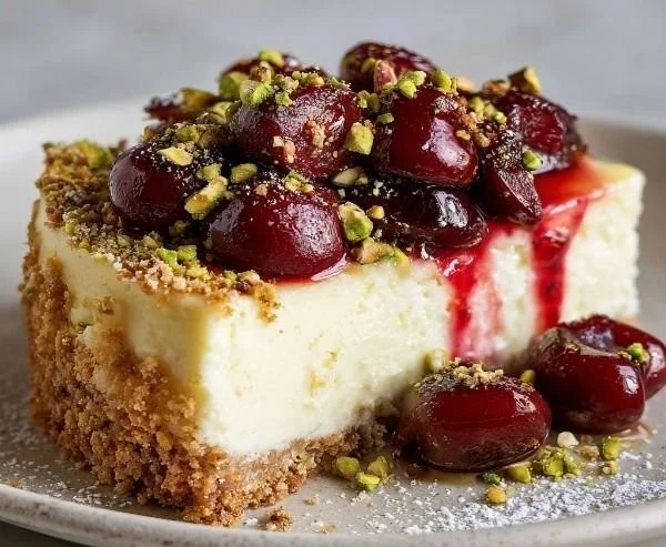 A delicious slice of Cherry Pistachio Cheesecake topped with cherry sauce and pistachios.