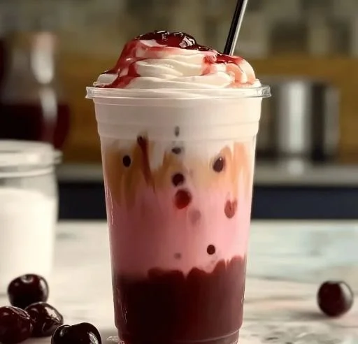 Delicious Cherry Vanilla Iced Latte served in a clear glass with ice and cherry garnish.