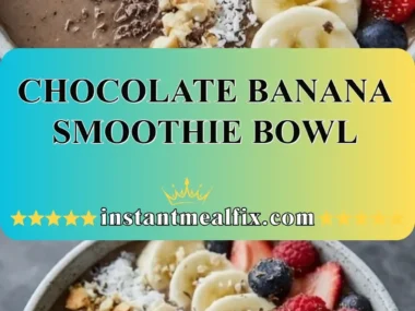 Chocolate banana smoothie bowl topped with fresh fruits and nuts