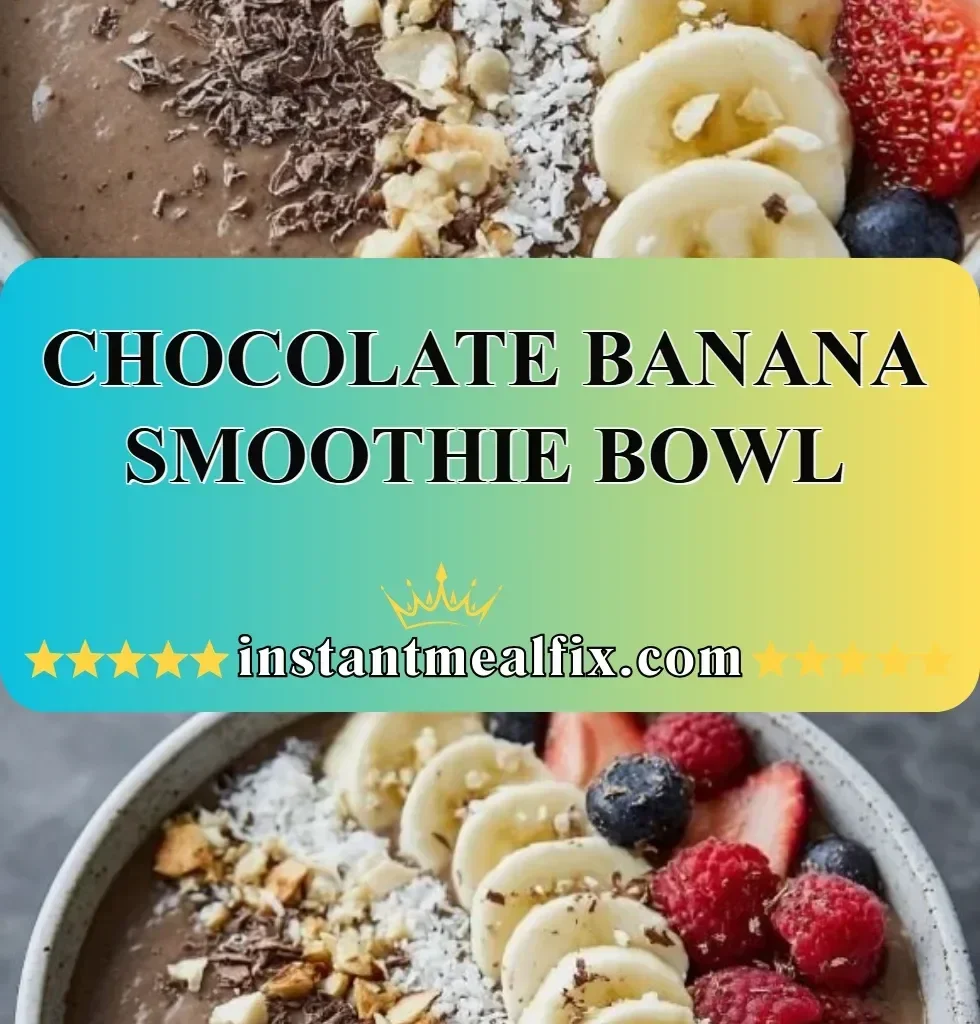Chocolate banana smoothie bowl topped with fresh fruits and nuts