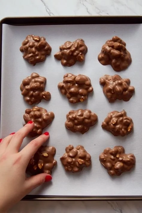 Delicious chocolate peanut clusters made from rich chocolate and crunchy peanuts.