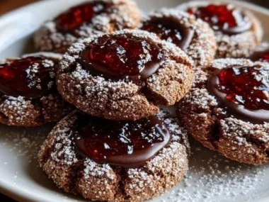 Freshly baked chocolate thumbprint cookies with colorful filling