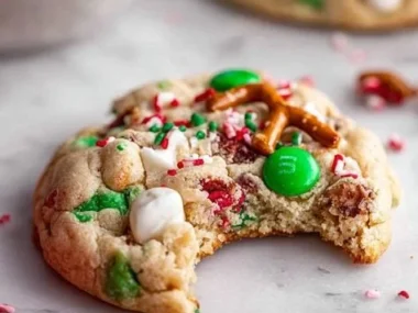 A batch of colorful Christmas kitchen sink cookies on a festive plate.