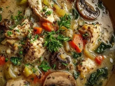 Bowl of Clean Chicken Mushroom Soup with fresh ingredients and herbs