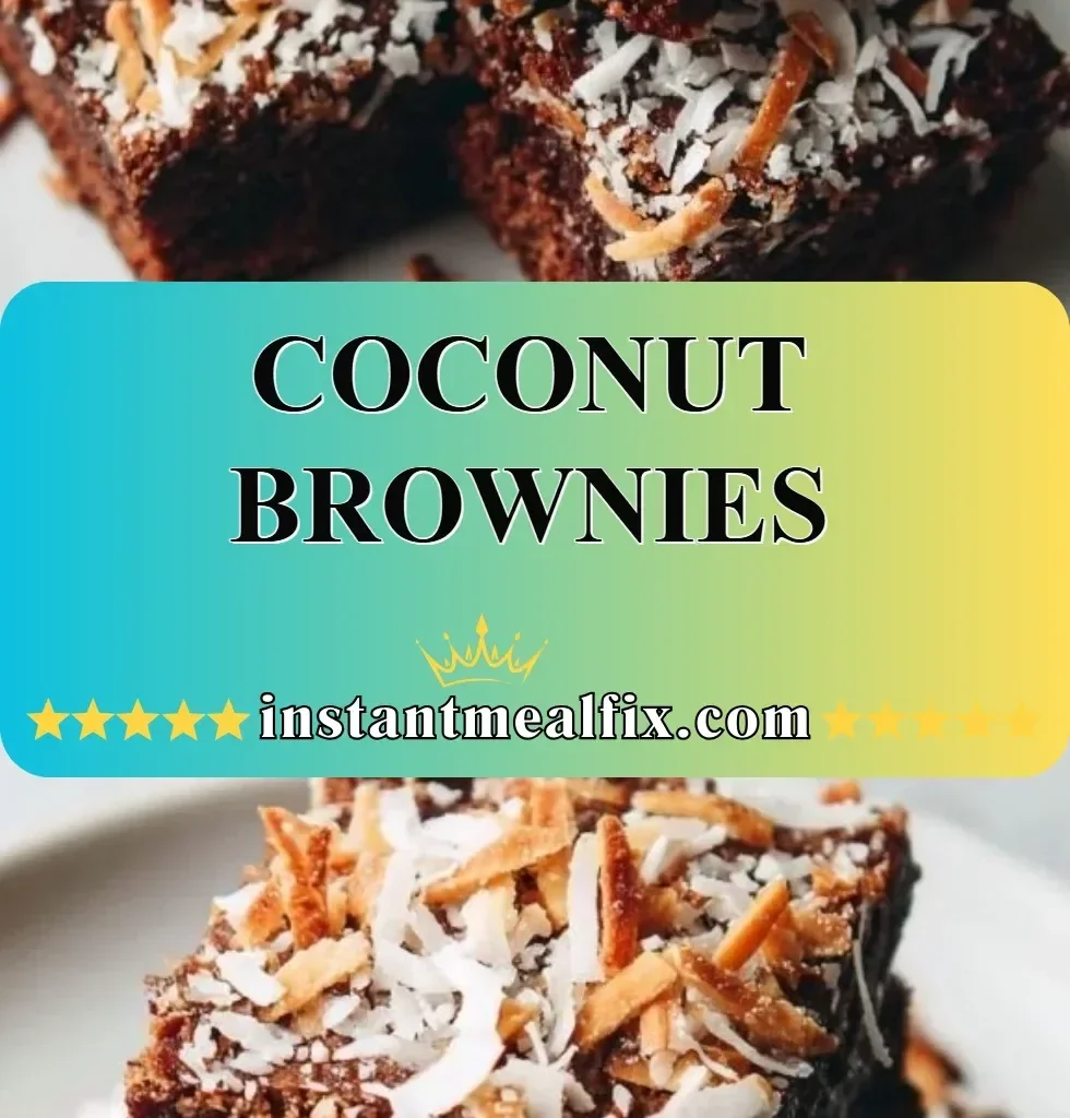 Decadent Coconut Brownies topped with shredded coconut and chocolate drizzle