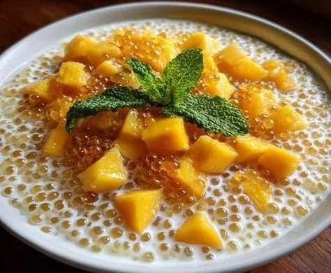 Delicious Coconut Mango Sago dessert served in a bowl with fresh mango slices