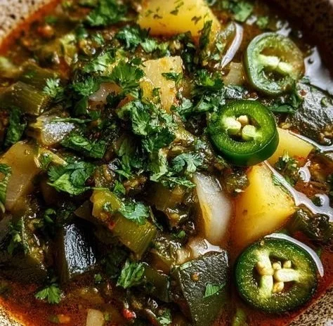 Bowl of cozy roasted poblano soup garnished with cilantro and cream