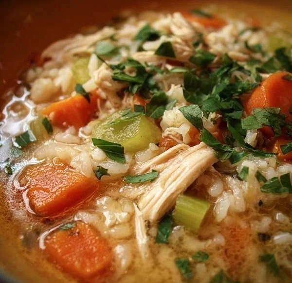 Delicious Crack Chicken & Rice Soup served in a bowl with fresh herbs