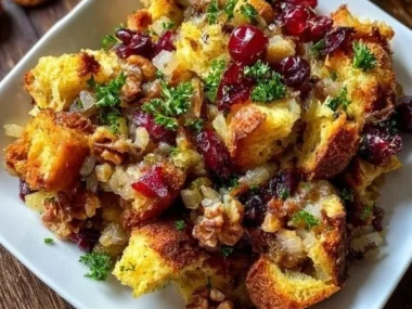 Deliciously prepared Cranberry Apple Stuffing in a serving dish.