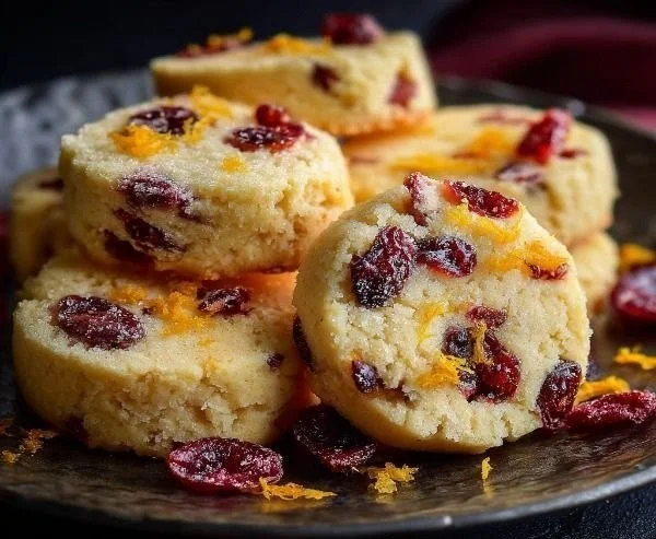Cranberry Orange Shortbread Cookies arranged on a plate