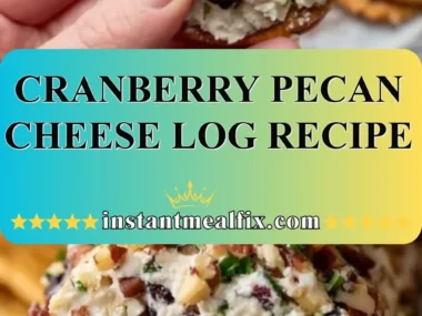 Homemade cranberry pecan cheese log on a platter with crackers and fruits.