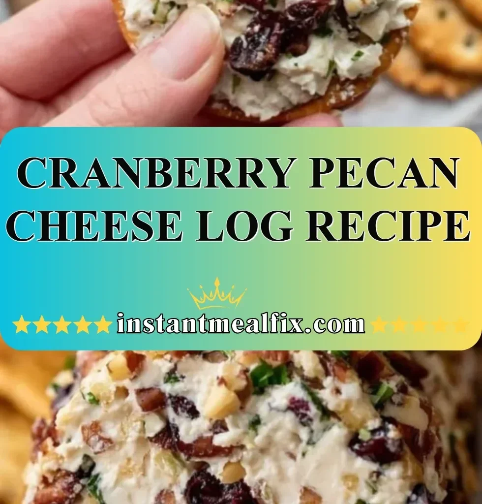 Homemade cranberry pecan cheese log on a platter with crackers and fruits.