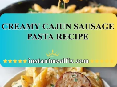 Plate of creamy Cajun sausage pasta garnished with parsley and served in a bowl.