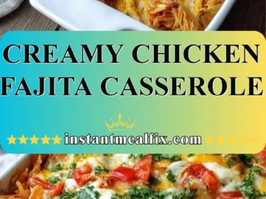 Creamy chicken fajita casserole topped with cheese and bell peppers in a baking dish