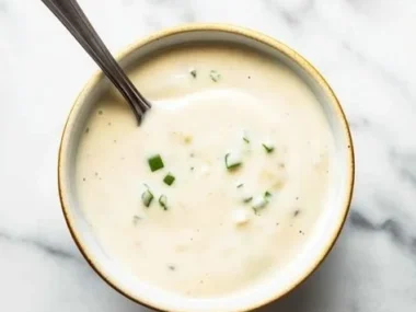 Creamy horseradish sauce served in a bowl with a garnish of fresh herbs.