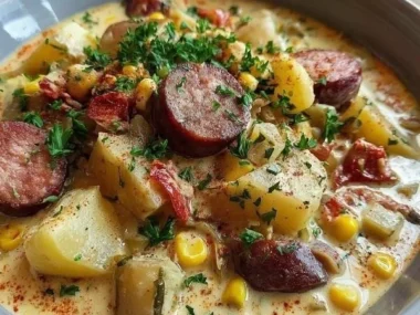 Creamy potato sausage chowder served in a bowl, garnished with herbs.