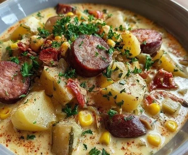 Creamy potato sausage chowder served in a bowl, garnished with herbs.
