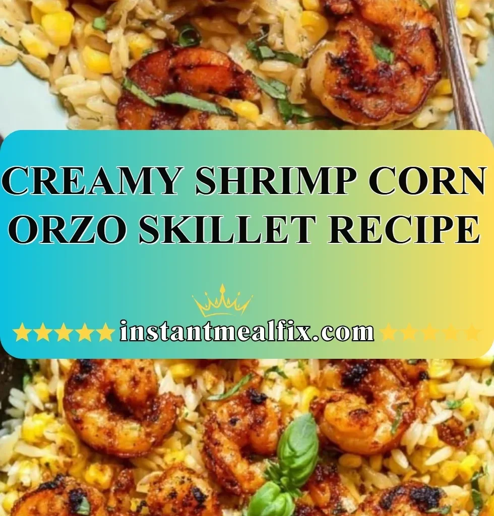 Creamy shrimp corn orzo skillet garnished with parsley in a frying pan
