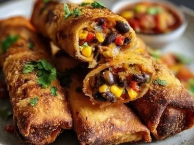 Crispy baked Southwest eggrolls filled with spicy black beans and cheddar cheese.