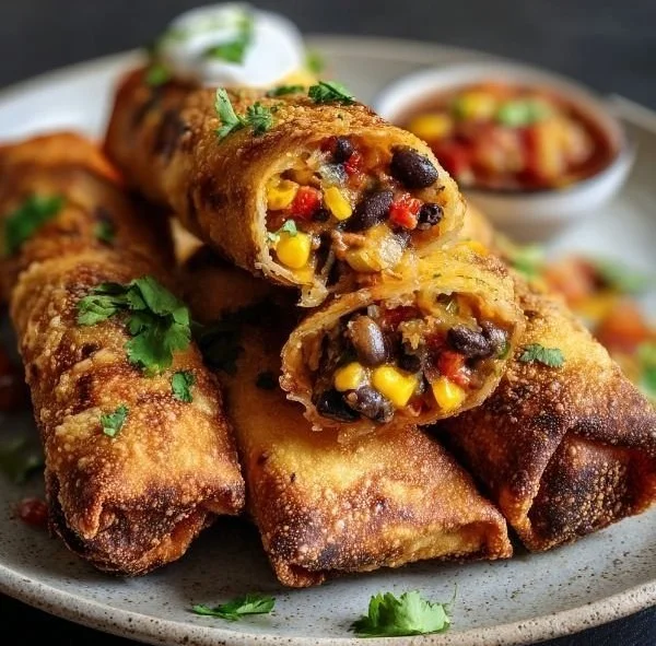 Crispy baked Southwest eggrolls filled with spicy black beans and cheddar cheese.