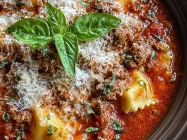 A bowl of delicious Crock Pot Lasagna Soup garnished with herbs.